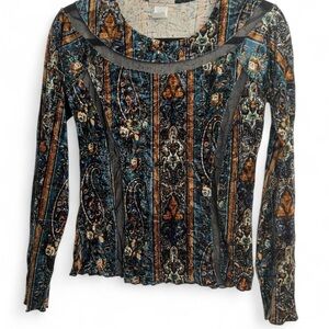 Y2K Women's Long Sleeve Velvet Stain Glass Print Blouse Size M/L Goth Grunge VTG
